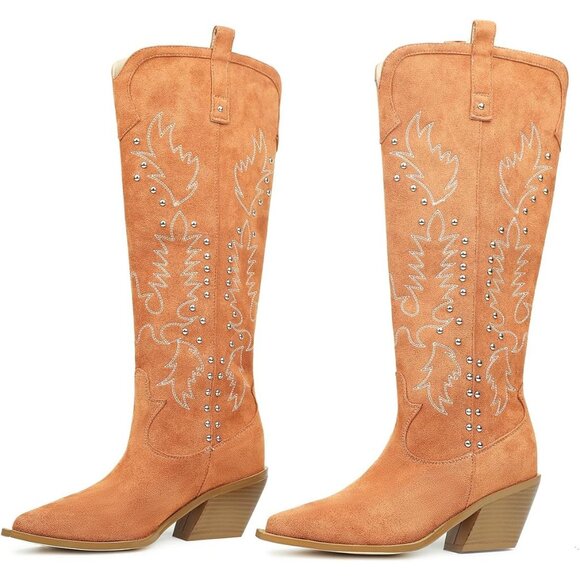 Women Faux Suede Tan Thick Heels Pointed toe Studs Embroider Rivets Riding Boots - Picture 5 of 8